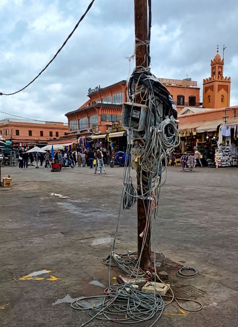 أعمدة خشبية بأسلاك مكشوفة.. غياب معايير السلامة في أشغال تهيئة جامع الفناء يثير غضب المراكشيين.